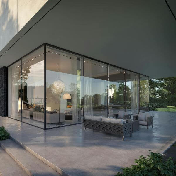 Modern outdoor patio with smooth epoxy flooring in a Sydney home. Sleek finish with outdoor seating, ideal for entertaining and weather resistance.