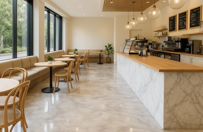 Commercial epoxy flooring used in a bright modern café interior installed by Epoxy Flooring Guys Sydney