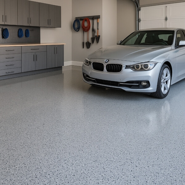 Garage epoxy floor in Sydney highlighting clean finish, hot tyre resistance and long lasting durability by Epoxy Flooring Guys Sydney.