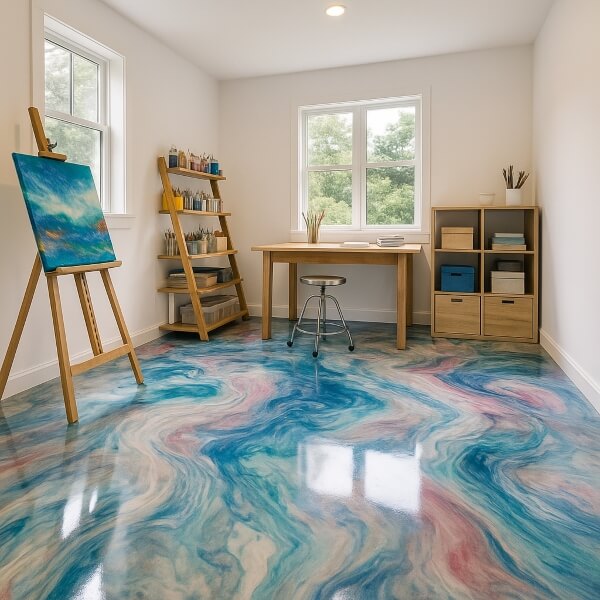 Home art studio epoxy flooring by Epoxy Flooring Guys Sydney, providing a clean, bright and durable space for creative work