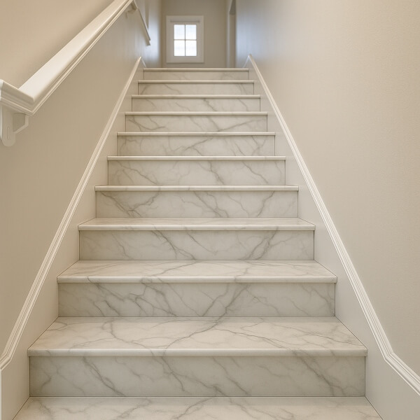 Indoor staircase epoxy flooring with marble look by Epoxy Flooring Guys Sydney, combining strength, safety and modern design