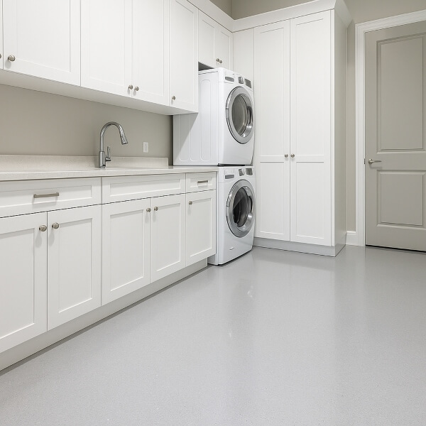 Laundry room epoxy flooring in Sydney featuring a waterproof, non slip surface for safe and easy cleaning by Epoxy Flooring Guys Sydney.