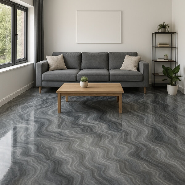 Living room with grey marble-style epoxy flooring in Sydney, featuring a grey sofa, wooden coffee table and indoor plants