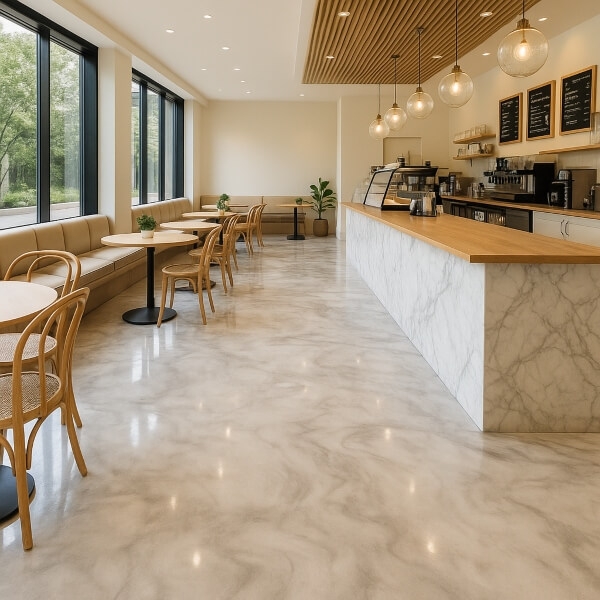 Marble-look commercial epoxy flooring used in a bright modern café interior installed by Epoxy Flooring Guys Sydney