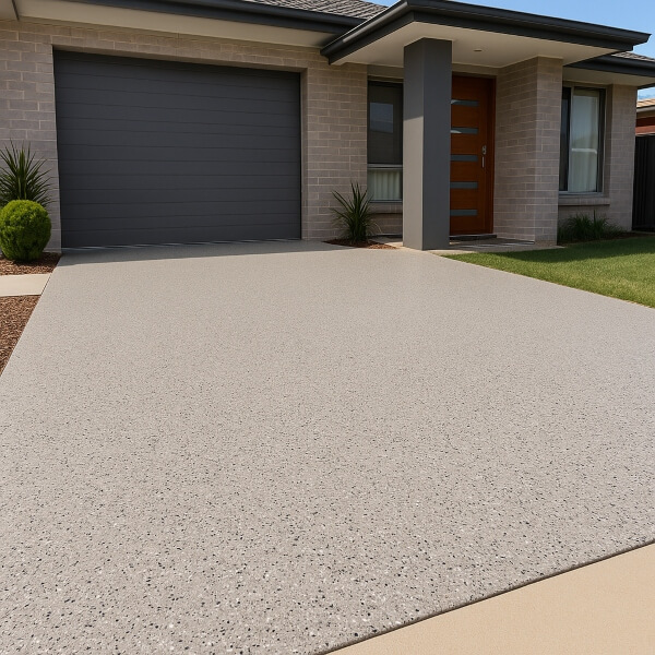Modern Sydney home with light grey flake epoxy driveway coating by Epoxy Flooring Guys Sydney, showing a clean, durable and low maintenance surface