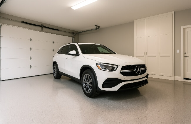 Modern garage with light grey epoxy flooring by Epoxy Flooring Guys Sydney, showing a clean, durable and low maintenance surface for garage epoxy flooring Sydney homes.