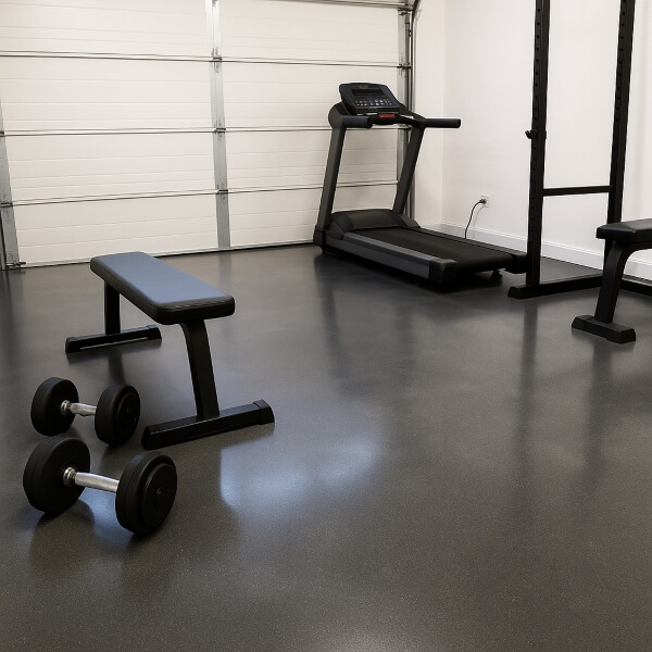 Modern home gym setup with treadmill and weights on smooth home gym epoxy flooring in Sydney, designed for durability, traction and easy maintenance by Epoxy Flooring Guys.