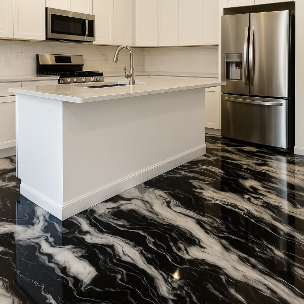 Modern kitchen interior with black and white marble look kitchen epoxy flooring in Sydney, offering a seamless, hygienic and easy to clean surface by Epoxy Flooring Guys Sydney.