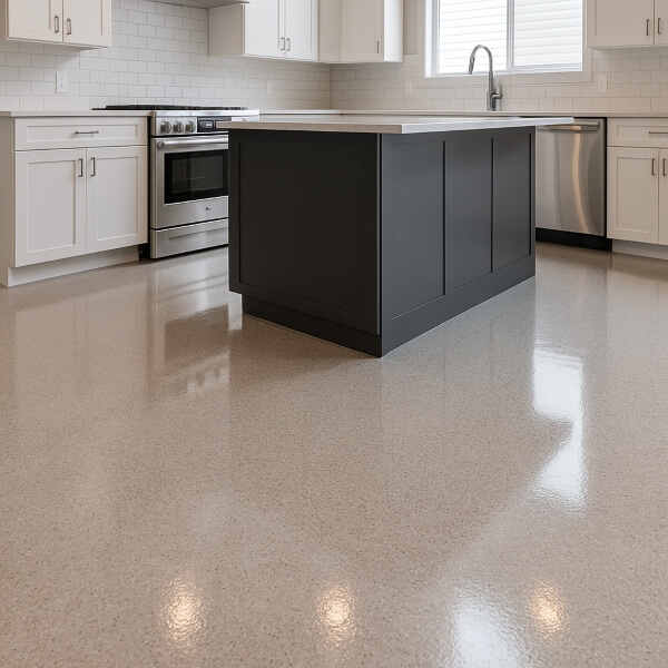 Modern kitchen with seamless grey epoxy floor by Epoxy Flooring Guys Sydney, providing a smooth, hygienic and easy to clean surface