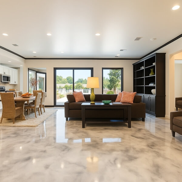 Modern living area with residential epoxy flooring in Sydney featuring a smooth marble look finish that’s durable, stylish and easy to clean by Epoxy Flooring Guys Sydney.