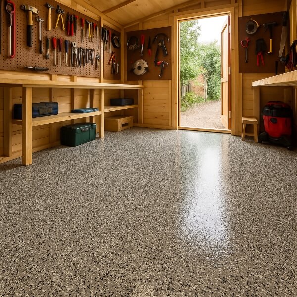 Non slip tool shed epoxy flooring in Sydney built to handle heavy use, spills and daily wear by Epoxy Flooring Guys Sydney.