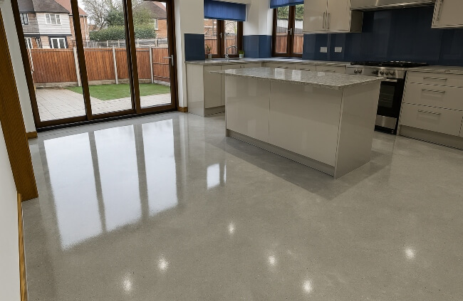 Stylish Sydney kitchen with glossy epoxy flooring by Epoxy Flooring Guys Sydney, combining durability, easy cleaning and modern design