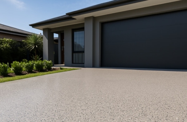 Textured flake epoxy driveway finish in Sydney offering strong heat and oil resistance for long term durability by Epoxy Flooring Guys Sydney