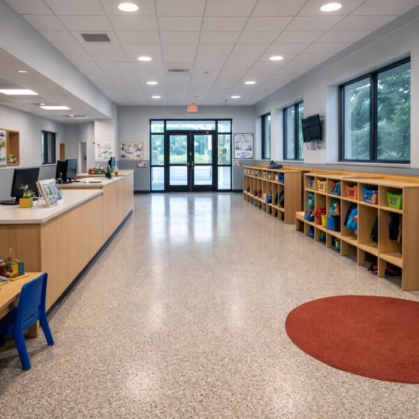Childcare epoxy flooring Sydney centre reception area with seamless, easy-clean commercial epoxy floor by Epoxy Flooring Guys Sydney