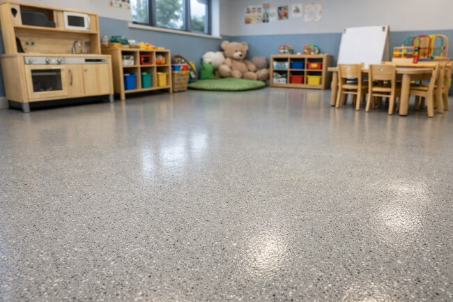 Childcare epoxy flooring Sydney showing seamless, easy-clean epoxy floor in a daycare room by Epoxy Flooring Guys Sydney.
